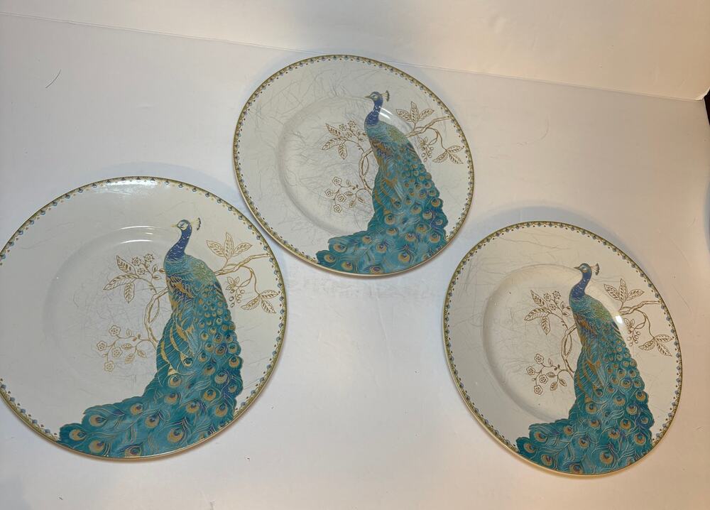 222 Fifth Set of 3 Peacock Garden Salad, Dessert Plates 8.75"